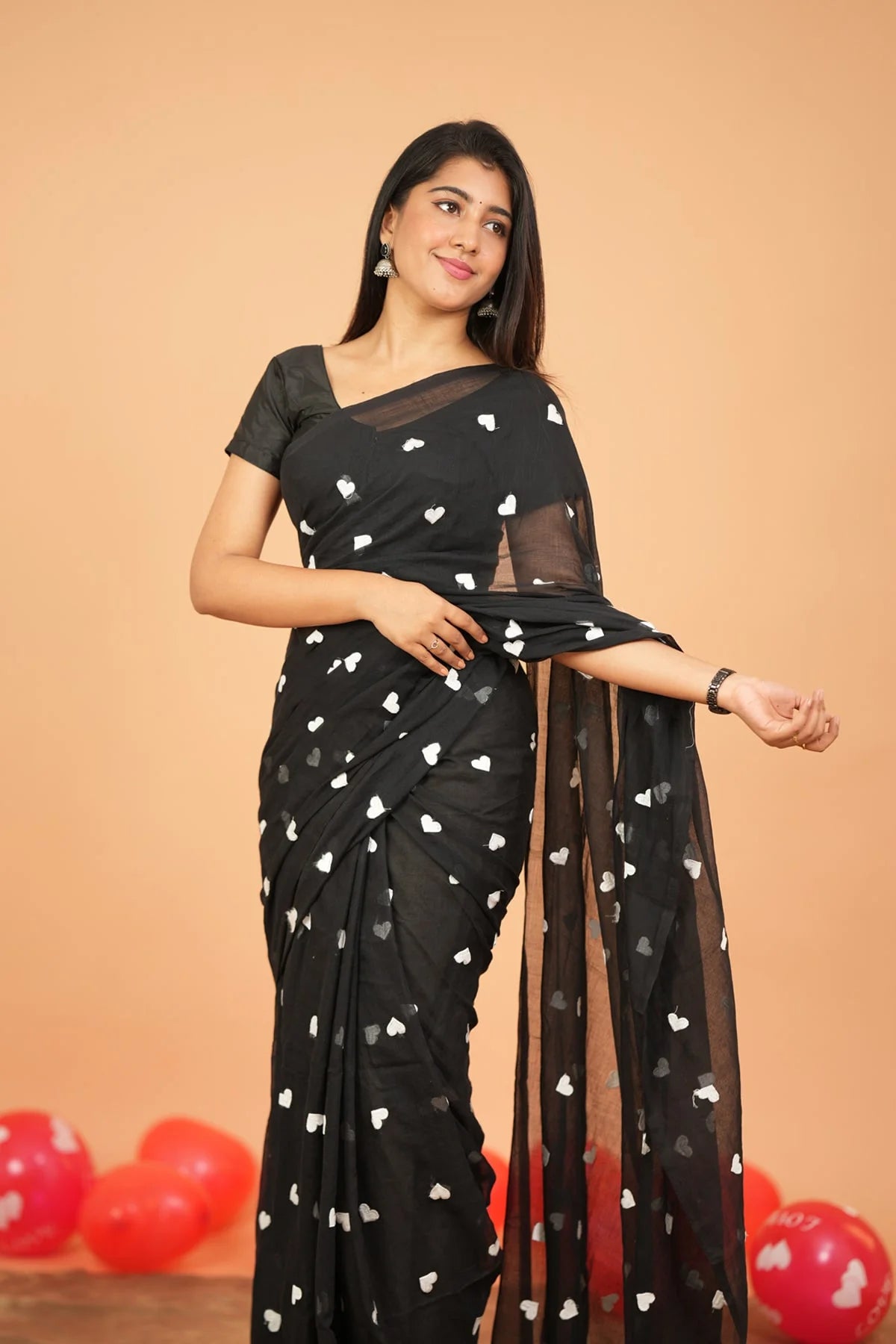 Heart Embroidery Mul Cotton Sarees - Black- KS045