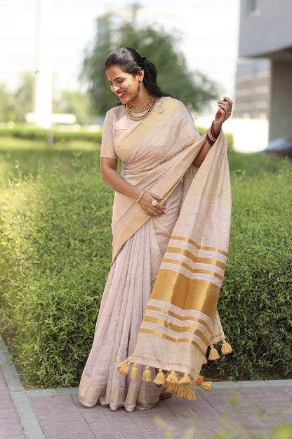 Linen Zari Tissue Saree - Cream/Off white - KS001