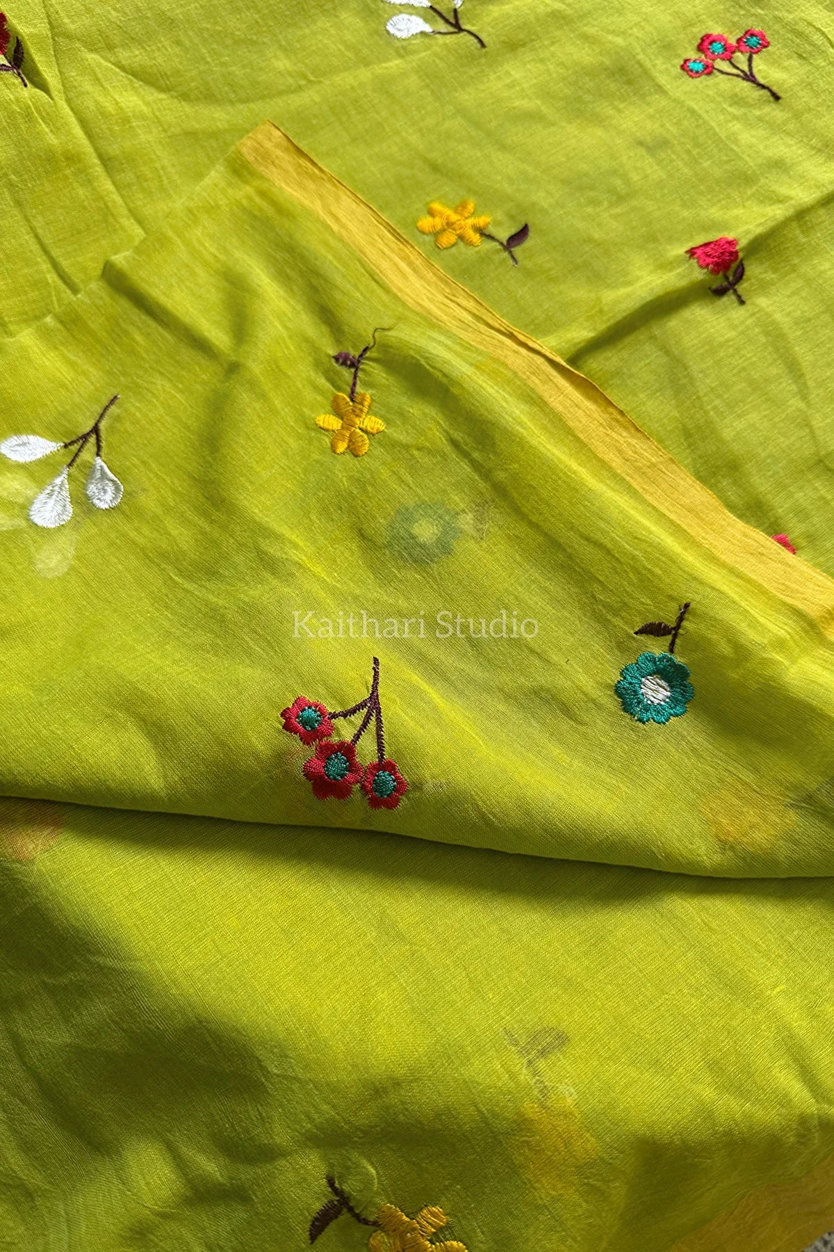 Multicolor Embroidery Mul Cotton Saree - Mint Green - KS041