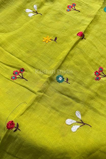 Multicolor Embroidery Mul Cotton Saree - Mint Green - KS041