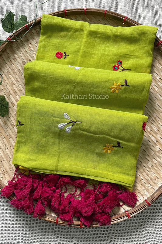 Multicolor Embroidery Mul Cotton Saree - Mint Green - KS041