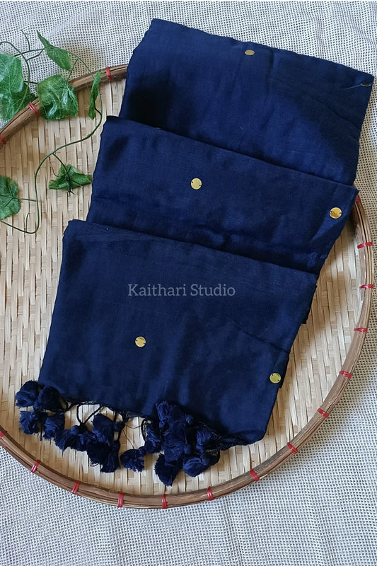 Soft Cotton Saree with Sequins - Navy Blue - KS033