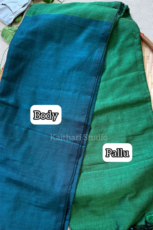 Soft Cotton Plain Saree - Peacock blue with Green - KS058