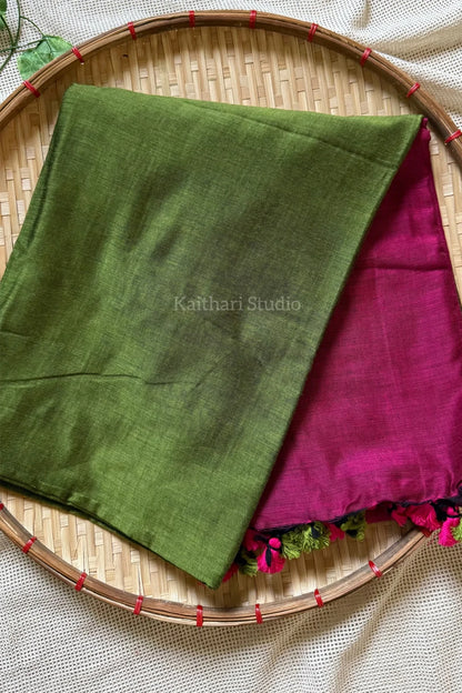 Soft Cotton Plain Saree - Green with Pink - KS056
