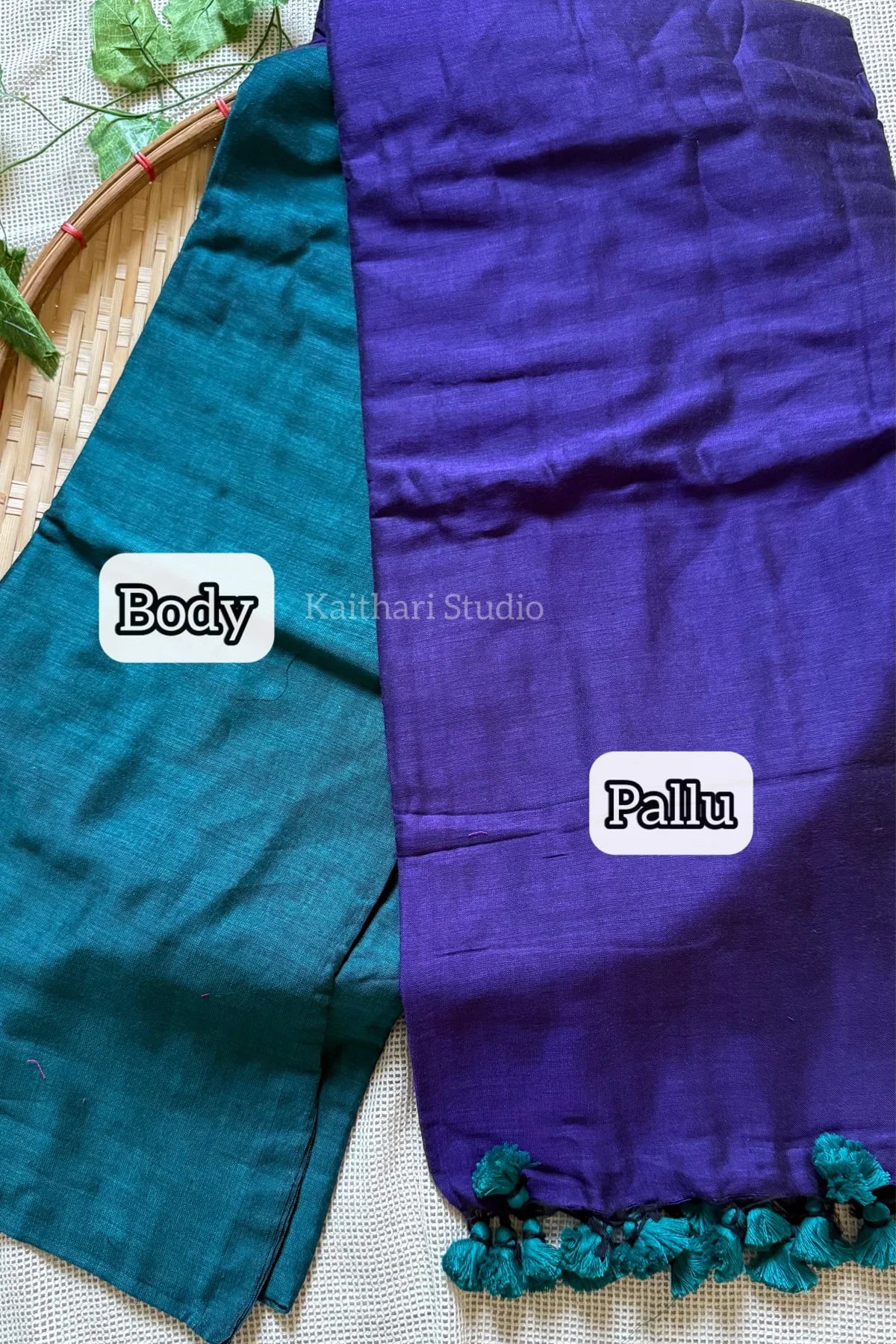 Soft Cotton Plain Saree - Teal blue with Purple - KS059