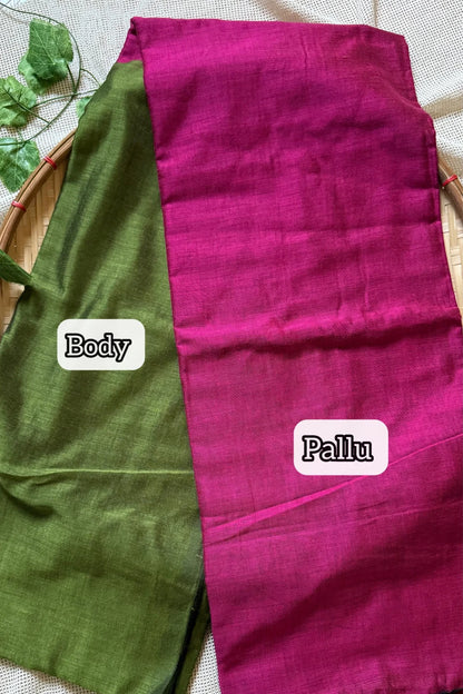 Soft Cotton Plain Saree - Green with Pink - KS056