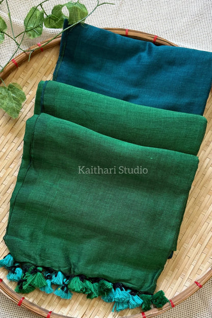 Soft Cotton Plain Saree - Peacock blue with Green - KS058