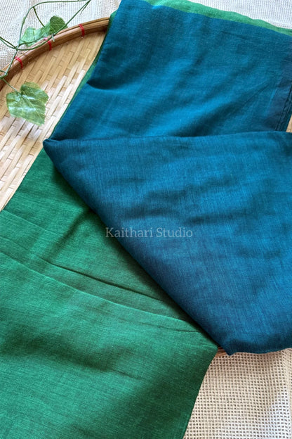 Soft Cotton Plain Saree - Peacock blue with Green - KS058