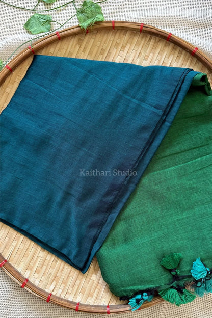 Soft Cotton Plain Saree - Peacock blue with Green - KS058
