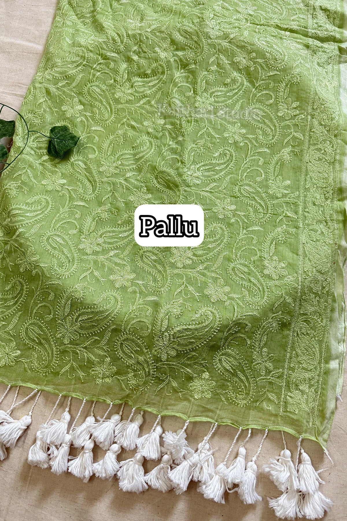 Chikankari Embroidery Mul Cotton Saree – Pastel Green KS137