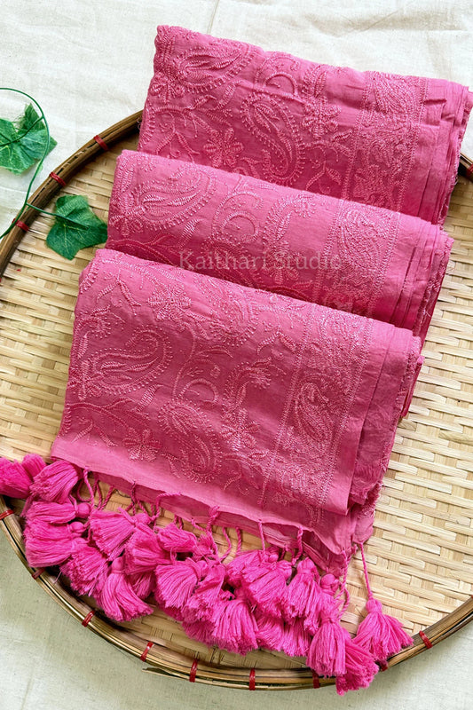 Chikankari Embroidery Mul Cotton Saree – Blush Pink KS139