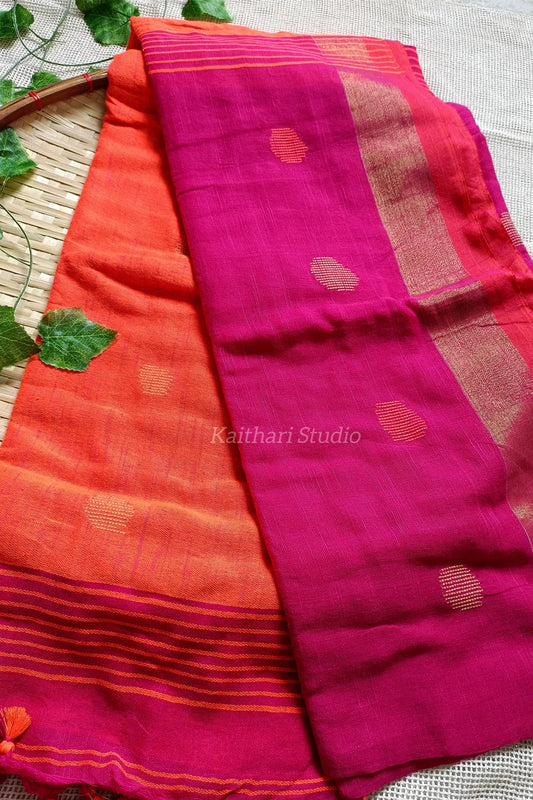 Ball Butta Khadi cotton - Pink with Orange - KS012