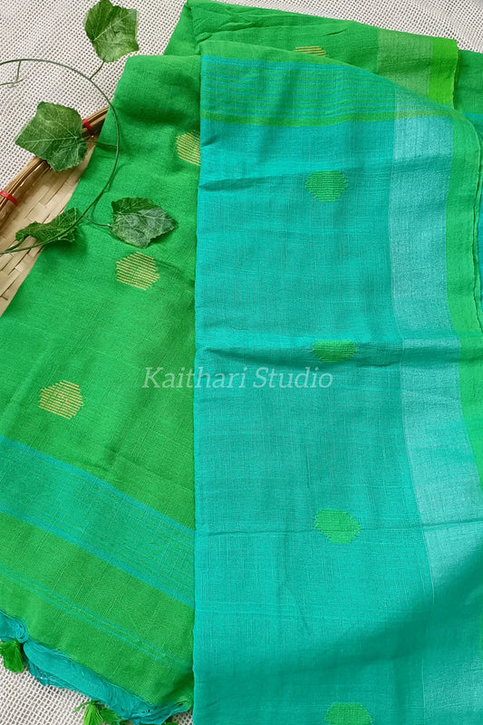 Ball Butta Khadi cotton - Sea blue with Green - KS015