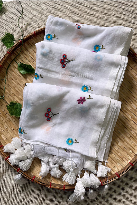 Multicolor Embroidery Mul Cotton Saree - White- KS042