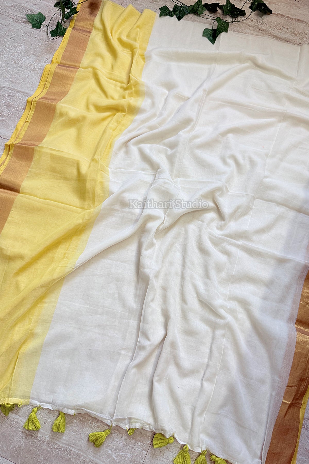 Onam Special Mul Cotton - Yellow Border- KS061