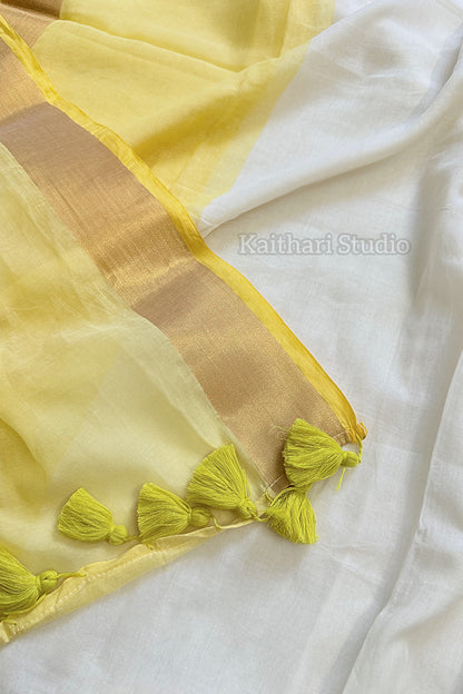 Onam Special Mul Cotton - Yellow Border- KS061