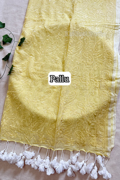 Chikankari Embroidery Mul Cotton Saree – Pastel Yellow KS138