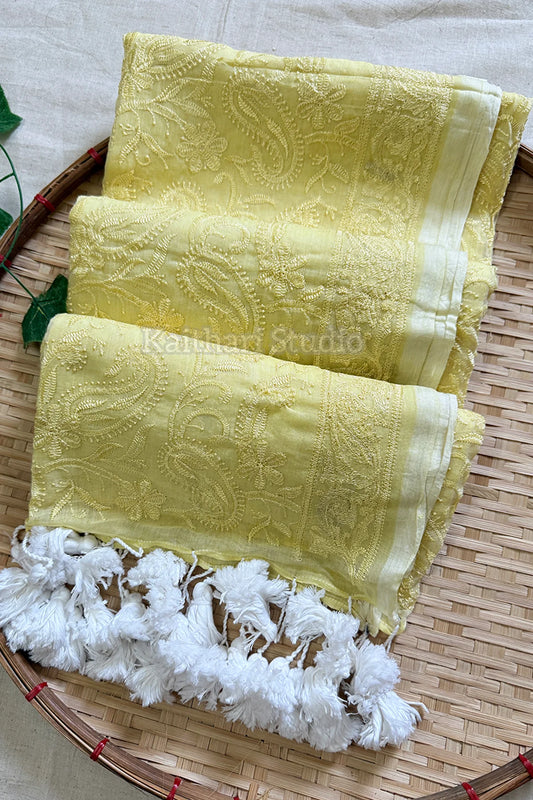 Chikankari Embroidery Mul Cotton Saree – Pastel Yellow KS138
